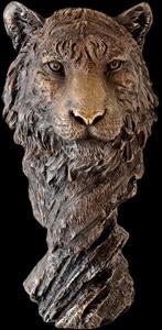 Bronzebuste af tigerhoved i profil. Detaljeret koldstøbt bronze finish